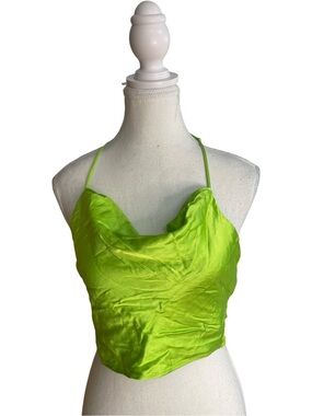 Zara Satin Halter Crop Top Green